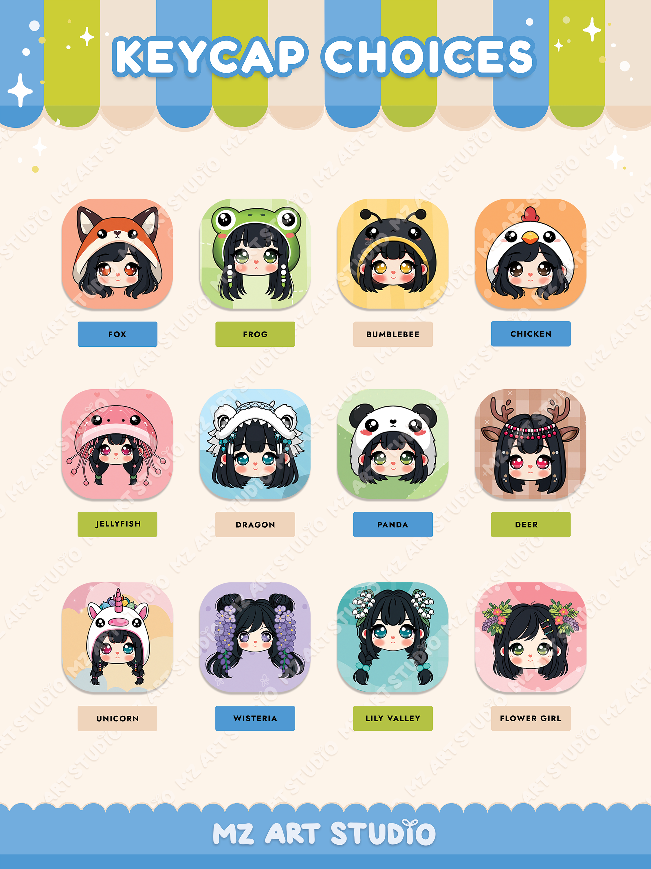 Customizable Chibi Fidget Keychains (3 Buttons)